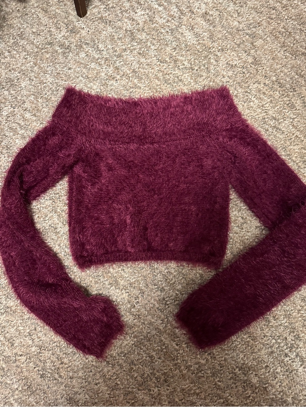 Forever 21 Wine Off-the-Shoulder Fuzzy Crop Sweater